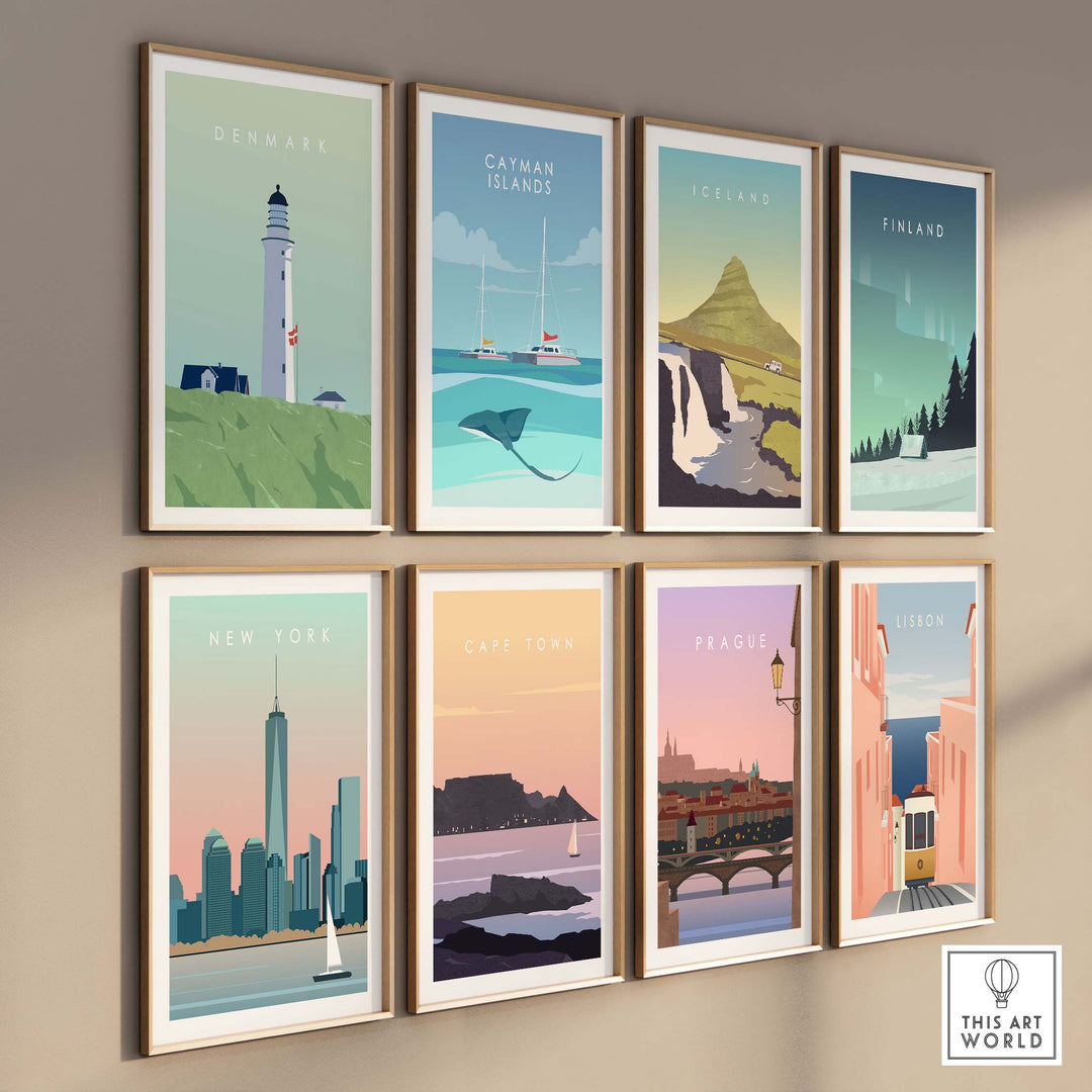 Denmark Print Wall Art Poster among framed travel art pieces showcasing iconic destinations and vintage designs.
