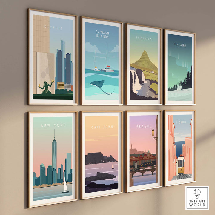 Collection of vintage travel poster prints featuring cities like Detroit, New York, and Cape Town in a minimalist style.