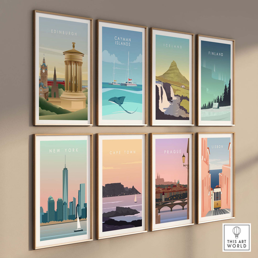 Collection of vintage travel posters featuring Edinburgh, Catam Islands, Iceland, Finland, New York, Cape Town, Prague, and Lisbon.