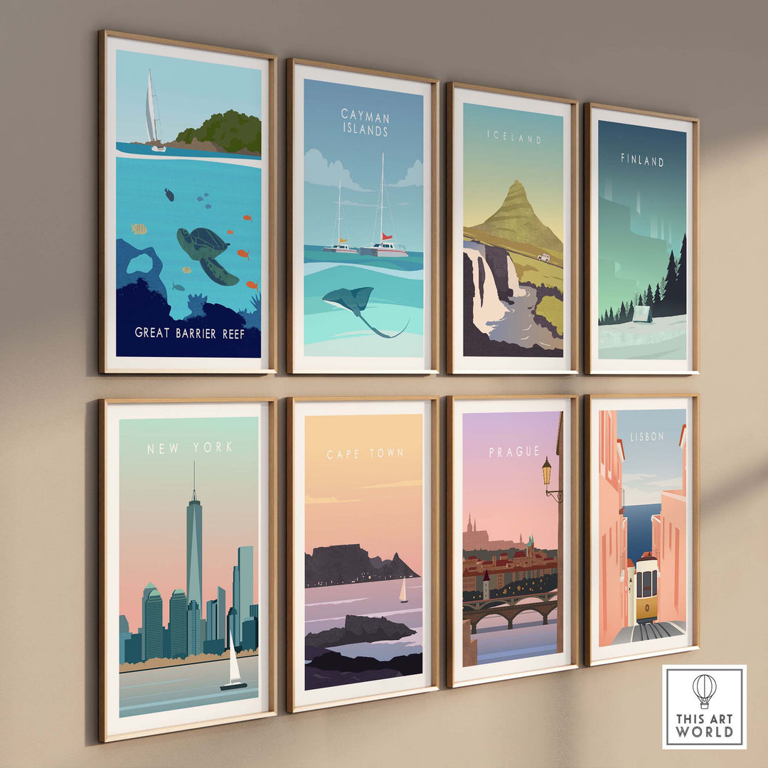 Collection of vintage travel posters featuring the Great Barrier Reef and cities like New York and Cape Town.