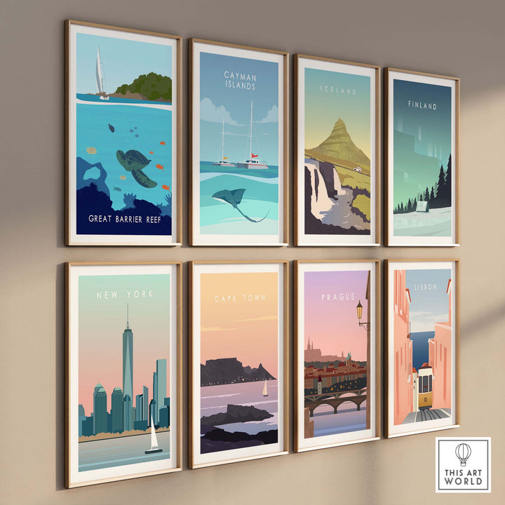 Collection of vintage travel posters featuring the Great Barrier Reef and cities like New York and Cape Town.