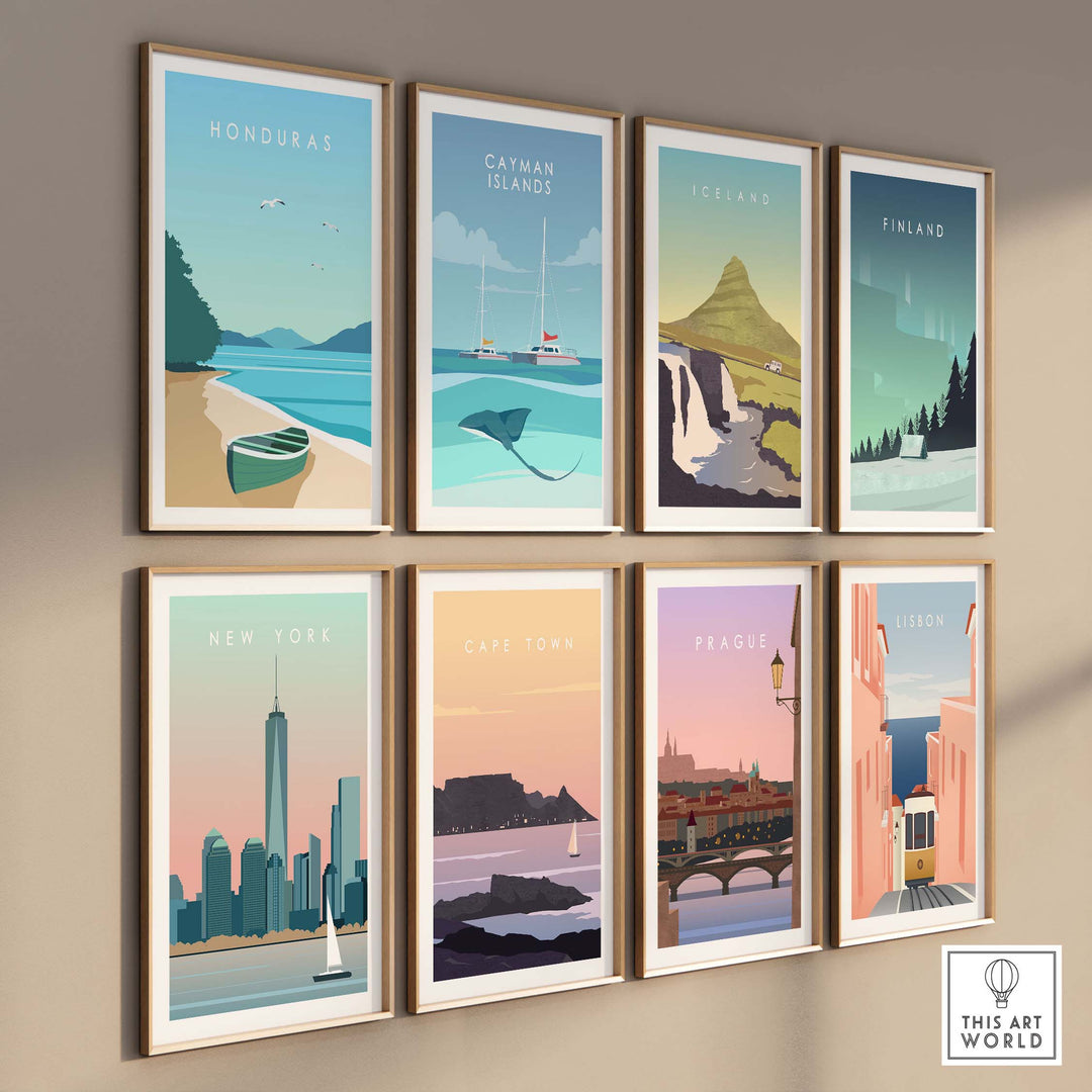 Gallery of vintage travel posters featuring destinations like Honduras, Iceland, New York, and Cape Town.