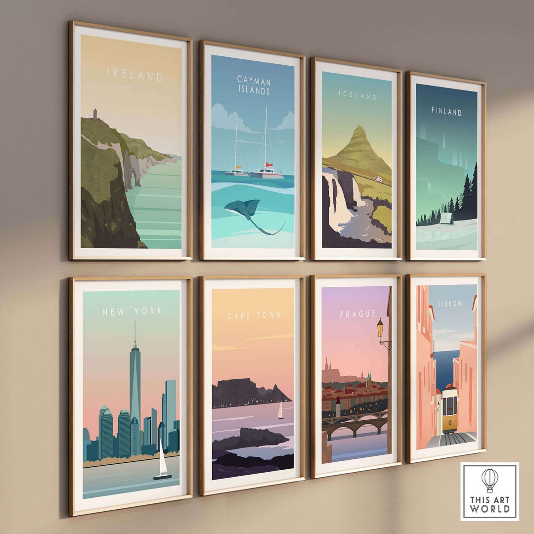 Ireland travel poster art collection featuring iconic destinations: Ireland, Cayman Islands, Iceland, Finland, New York, Cape Town, Prague, and Lisbon.