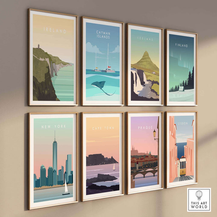 Ireland travel poster art collection featuring iconic destinations: Ireland, Cayman Islands, Iceland, Finland, New York, Cape Town, Prague, and Lisbon.