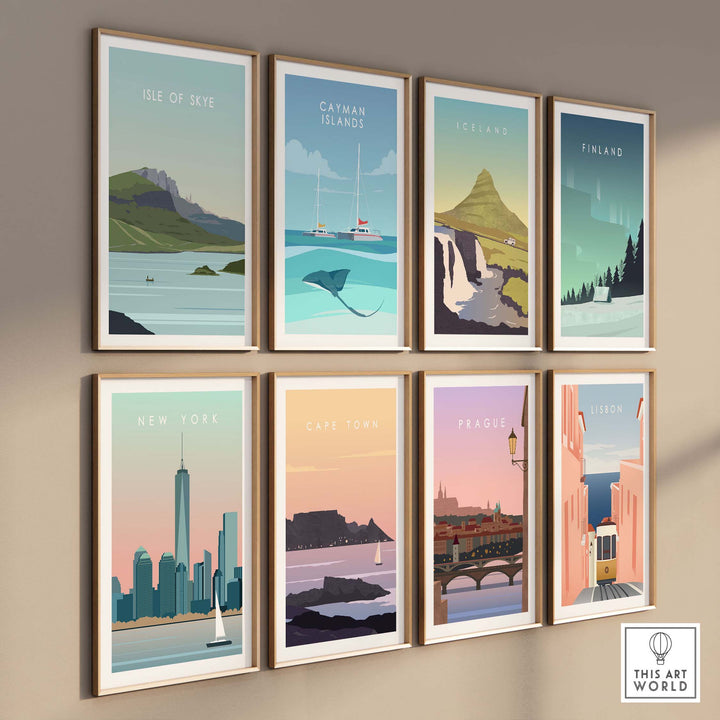 Gallery wall featuring framed travel posters of Isle of Skye, Catman Islands, Iceland, Finland, and more.