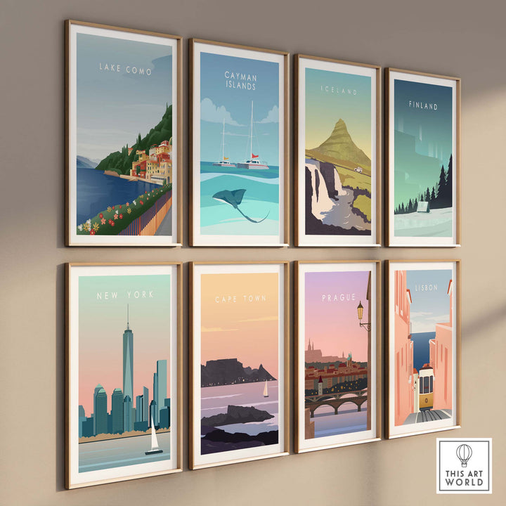 Collection of vintage-style travel posters featuring Lake Como, Catani Islands, Iceland, Finland, New York, Cape Town, Prague, and Lisbon.