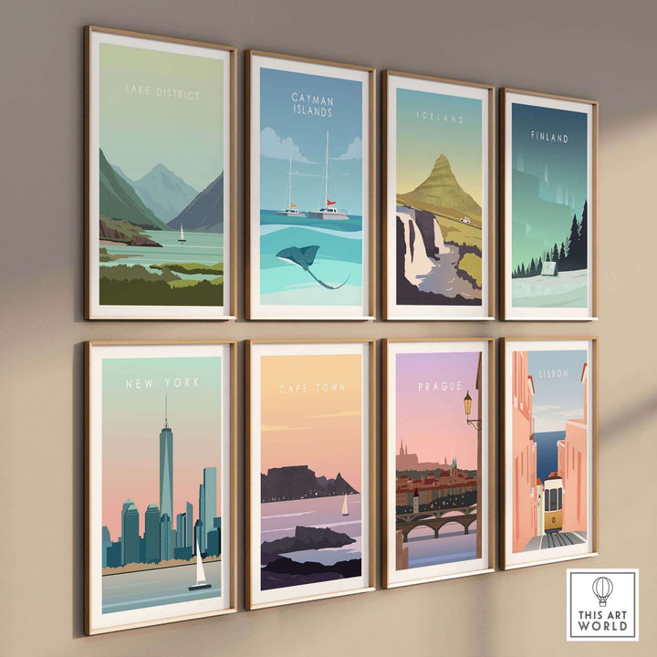 Lake District Print Wall Art Poster along with vintage travel prints from various destinations in a stylish gallery wall display.