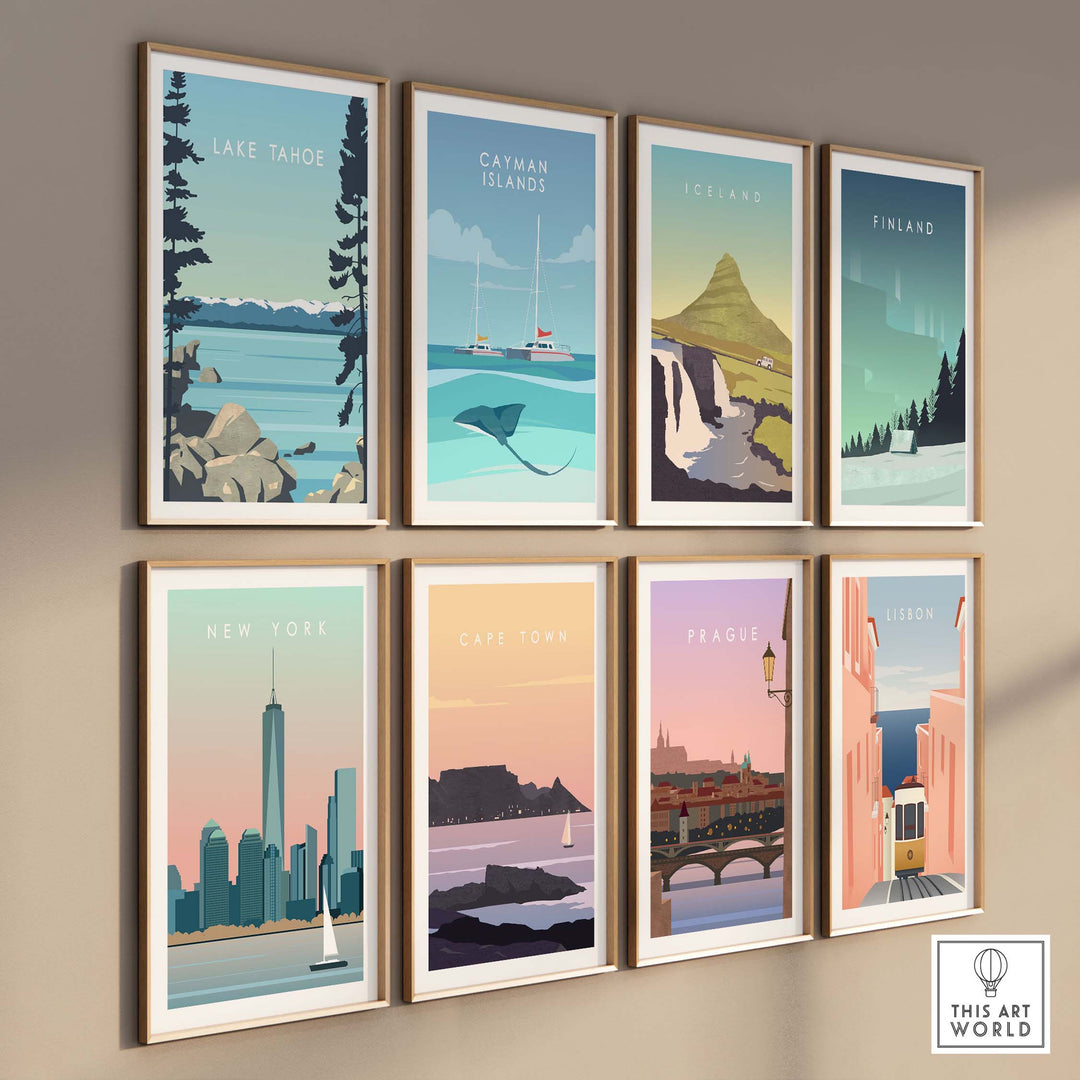 Gallery of travel posters including Lake Tahoe, New York, and Cape Town, showcasing vibrant vintage-inspired wall art.