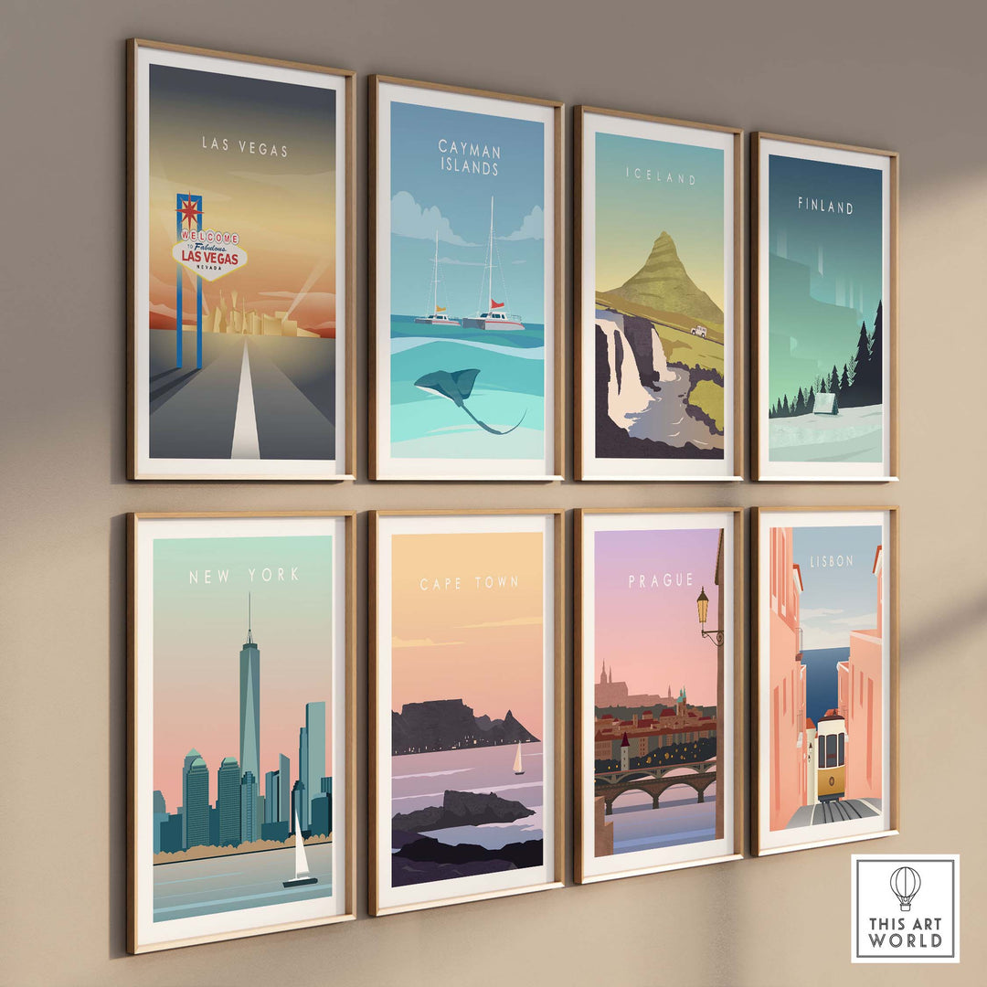Collection of vintage travel posters including Las Vegas, New York, Iceland, and more, displayed on a wall.