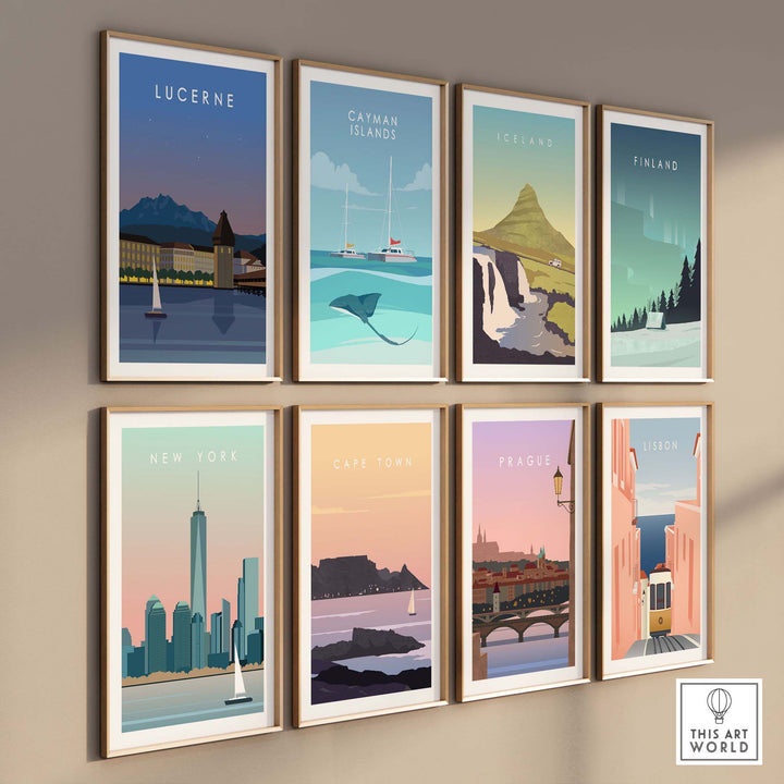 Collection of vintage travel posters including Lucerne Switzerland, Catman Islands, Iceland, and more, displayed on a wall.