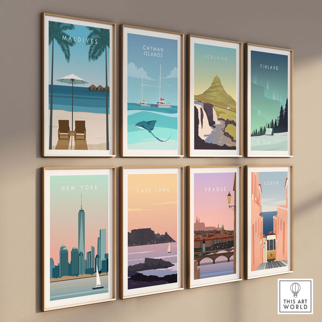 Artistic travel poster collection featuring Maldives and other stunning destinations on a gallery wall.