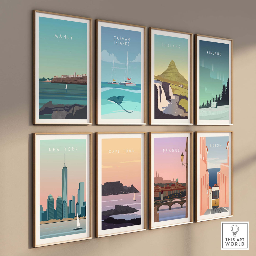 Collection of vintage-inspired travel poster prints including Manly, New York, and more, framed on a stylish wall.