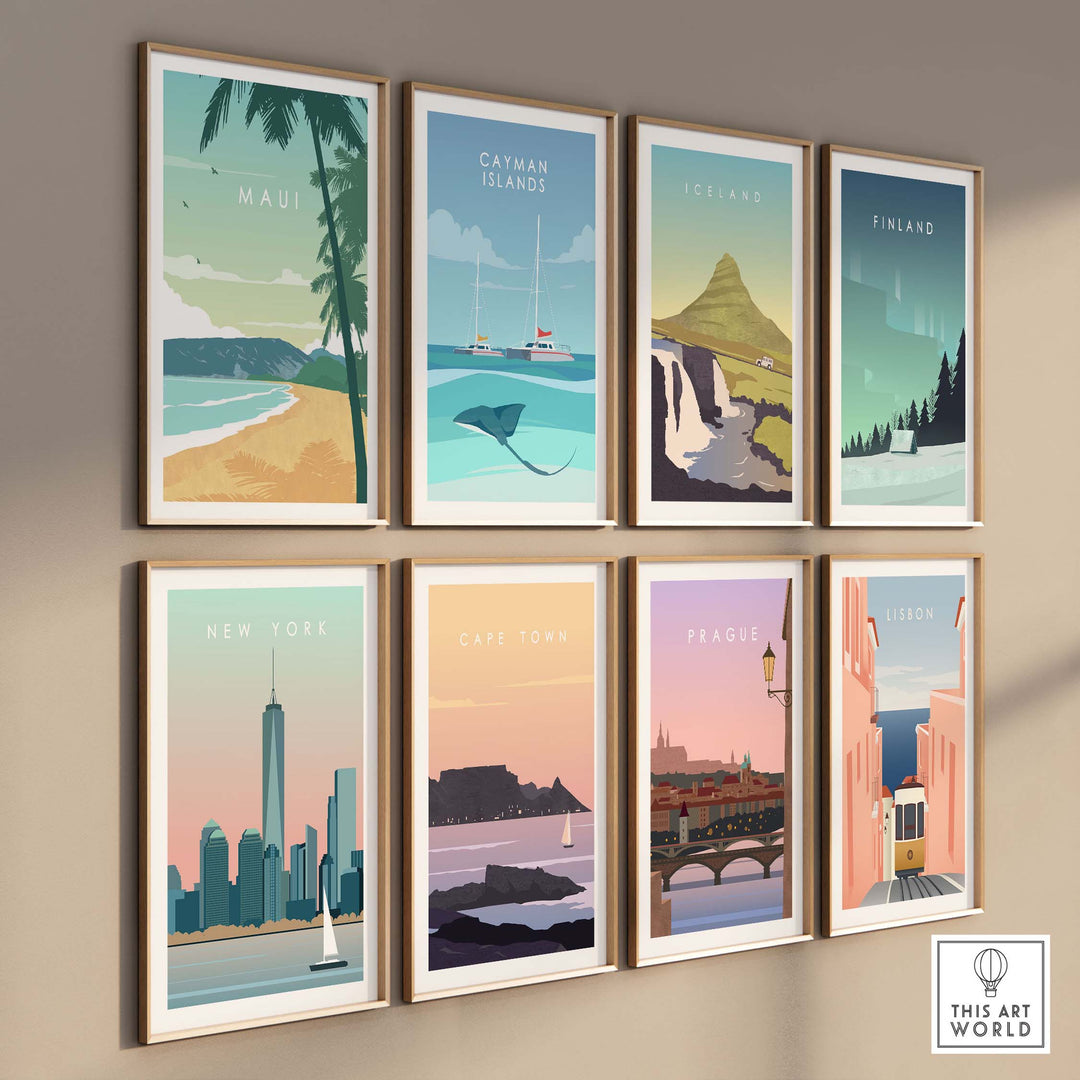 Collection of travel posters including Maui, Catani Islands, and New York, showcasing vibrant landscapes and iconic landmarks.