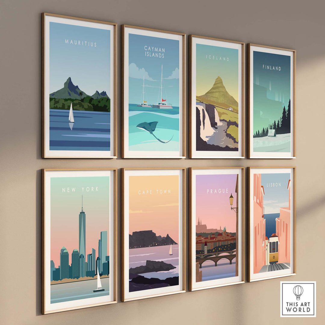 Collection of travel poster prints featuring Mauritius, Iceland, New York, and more in minimalist style.