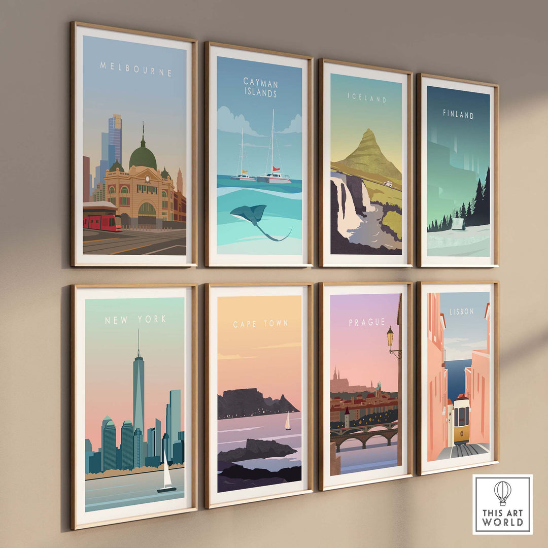 Collage of minimalist travel wall art prints including Melbourne, New York, and Cape Town in stylish frames.