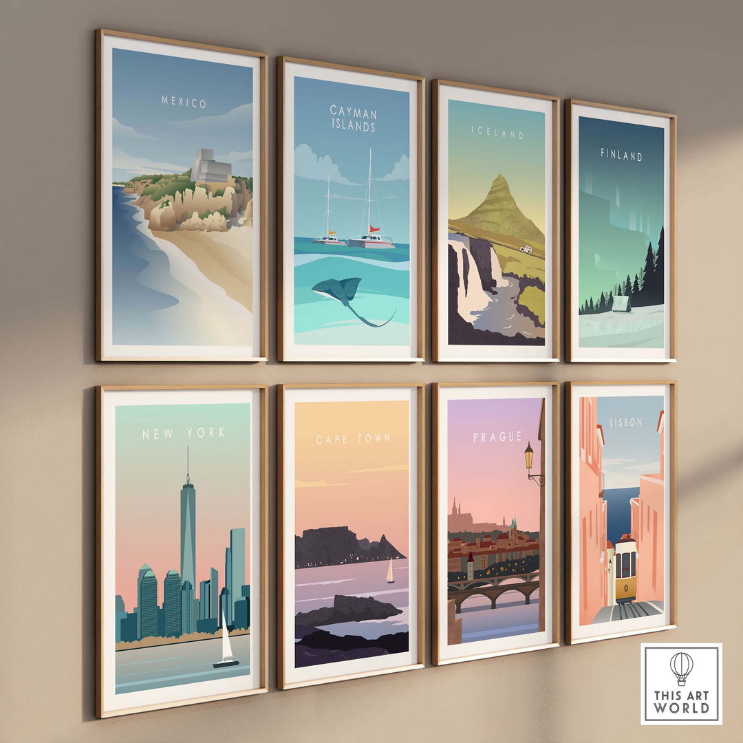 A stylish display of framed vintage travel posters featuring Mexico, Catman Islands, Iceland, Finland, New York, Cape Town, Prague, and Lisbon.