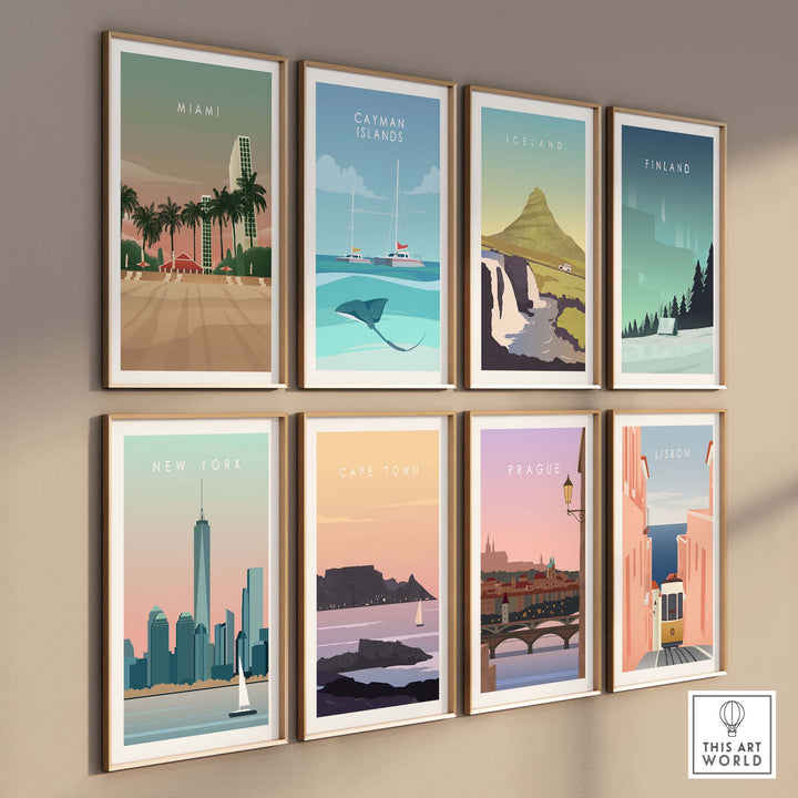 Collection of vintage-style wall art posters featuring Miami, New York, Cape Town, and other destinations.