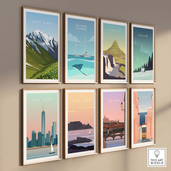Framed travel poster prints featuring Mont Blanc, New York, Cape Town, and more, in a modern minimalist style.