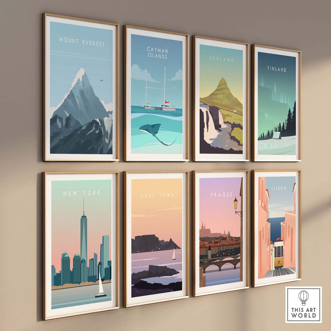 Collection of vintage travel posters featuring Mount Everest, Catman Islands, Iceland, and more, displayed on a wall.