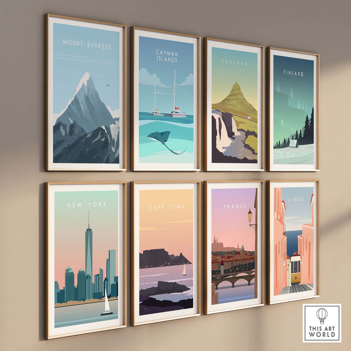 Collection of vintage travel posters featuring Mount Everest, Catman Islands, Iceland, and more, displayed on a wall.