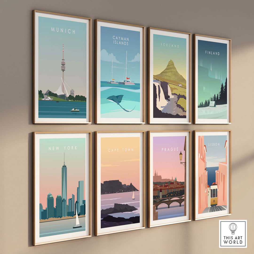 Collection of vibrant city travel posters including Munich, New York, and Cape Town on a modern wall.
