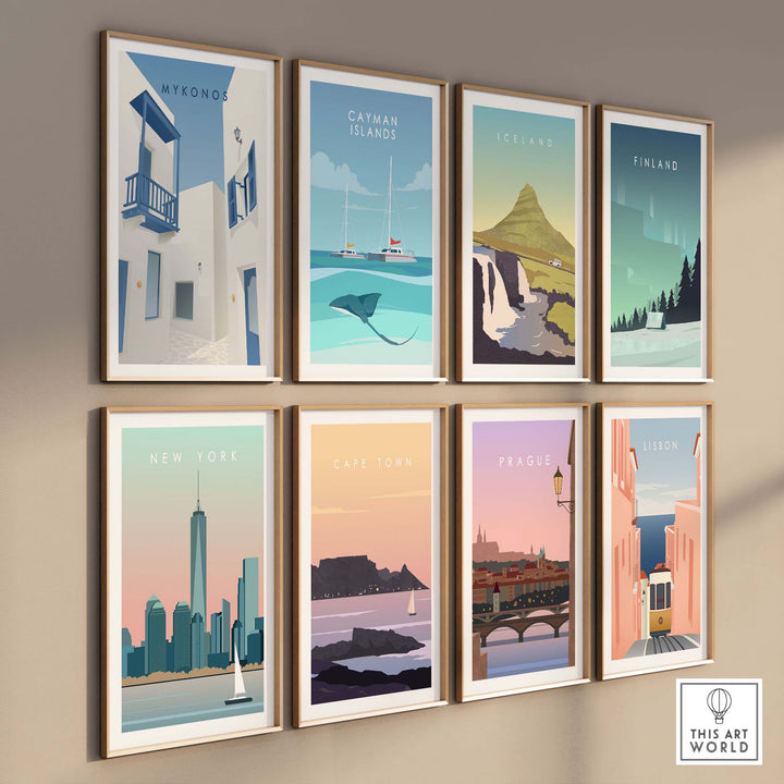 Collection of vintage-inspired travel posters featuring Mykonos, Catana Islands, Iceland, Finland, New York, and more.