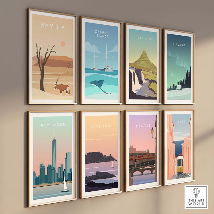 Collection of framed travel posters featuring Cape Town, New York, and various global destinations.