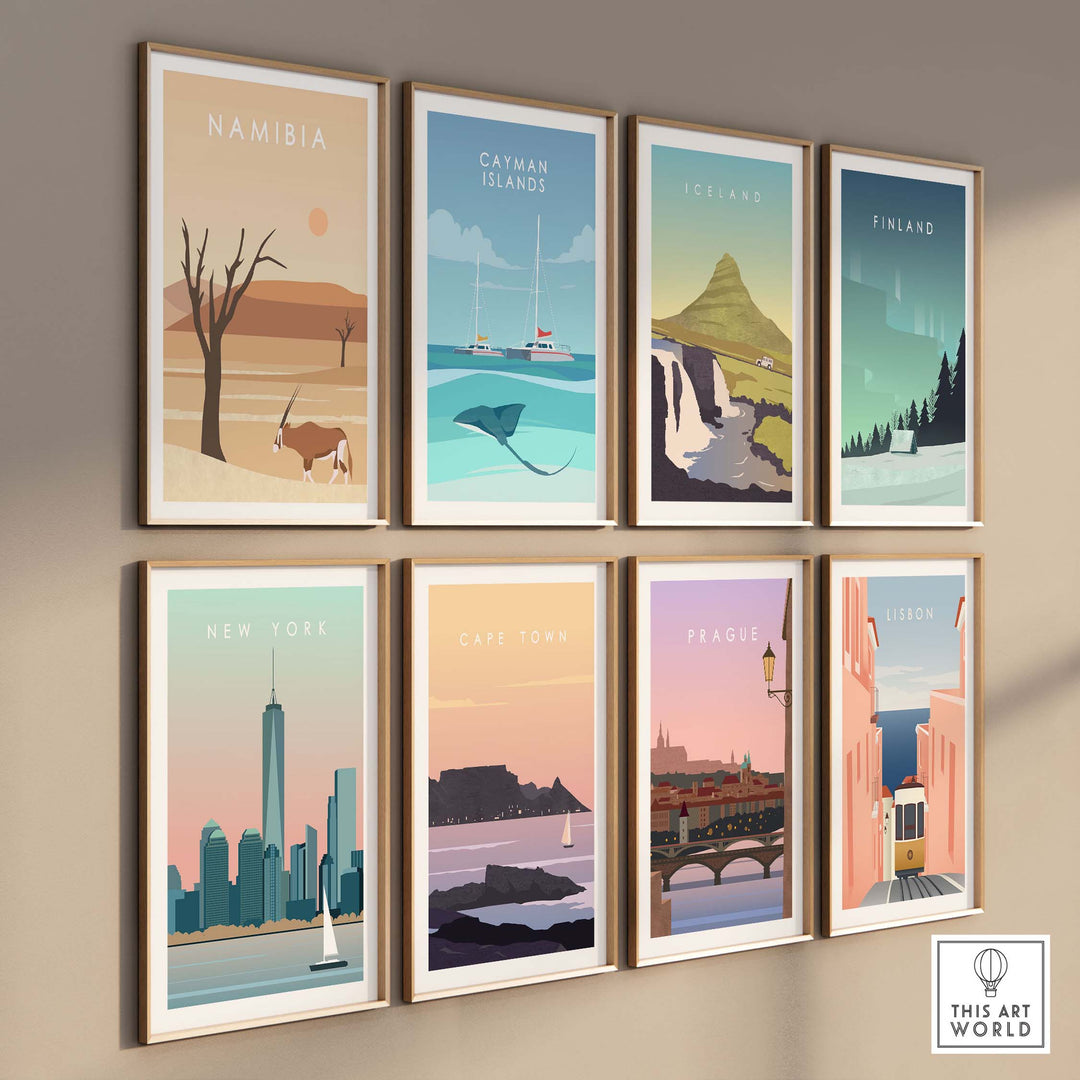 Collection of vintage travel posters featuring Namibia, Catman Islands, Iceland, Finland, New York, Cape Town, Prague, and Lisbon.