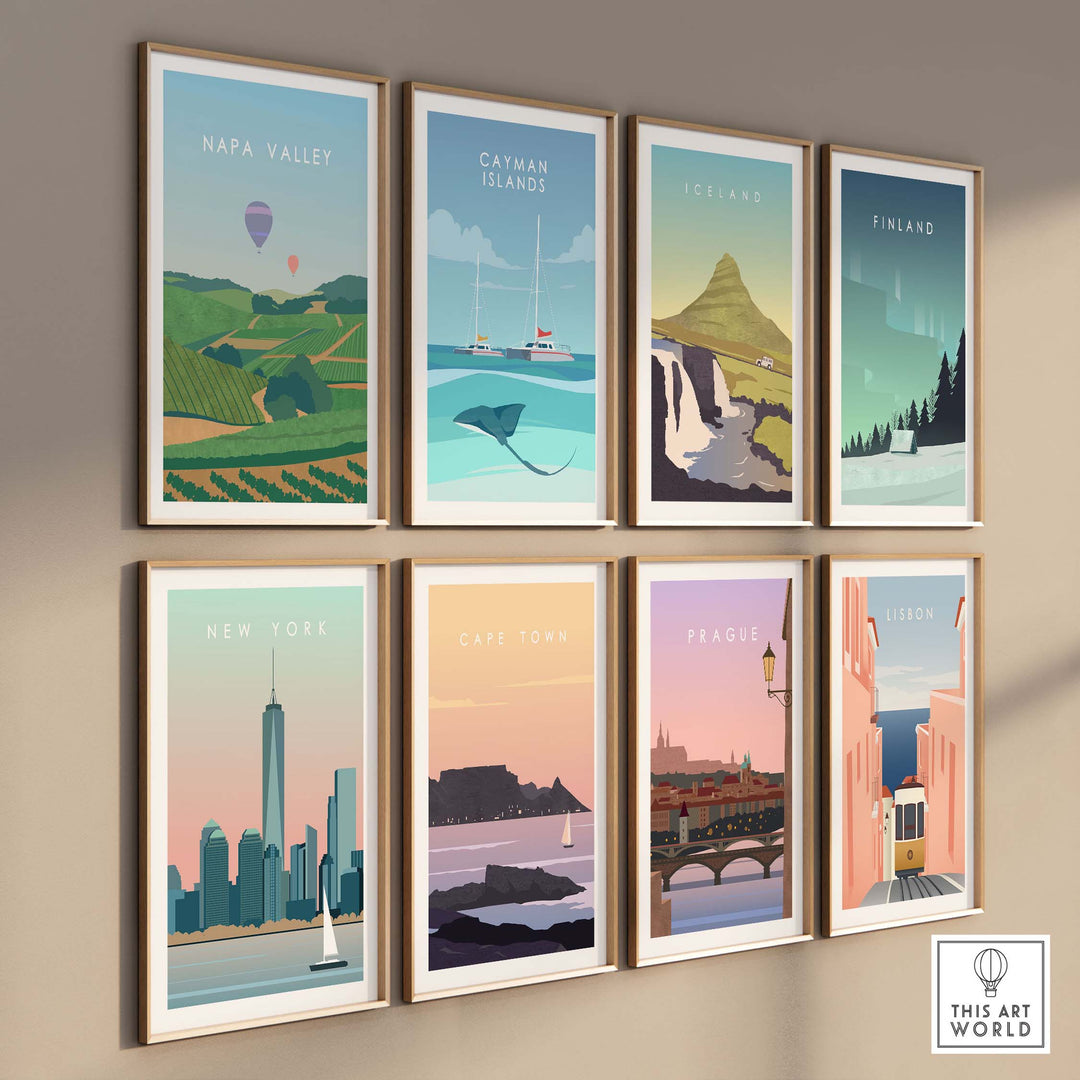 Napa Valley print wall art poster among vintage travel posters on a styled wall, showcasing colorful landscapes.