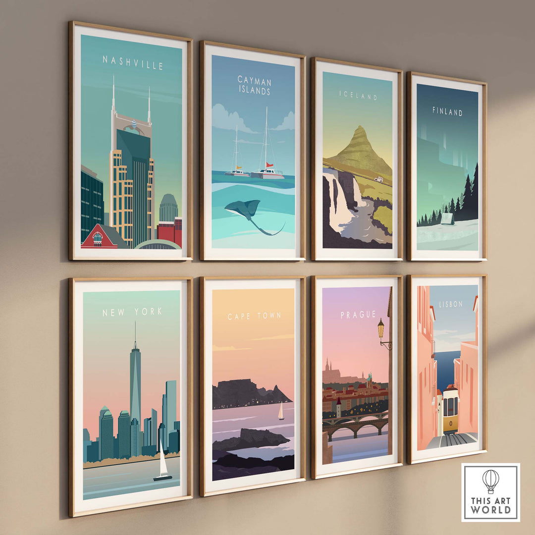 Collection of vintage travel posters including Nashville, New York, and Cape Town for stylish home wall art.