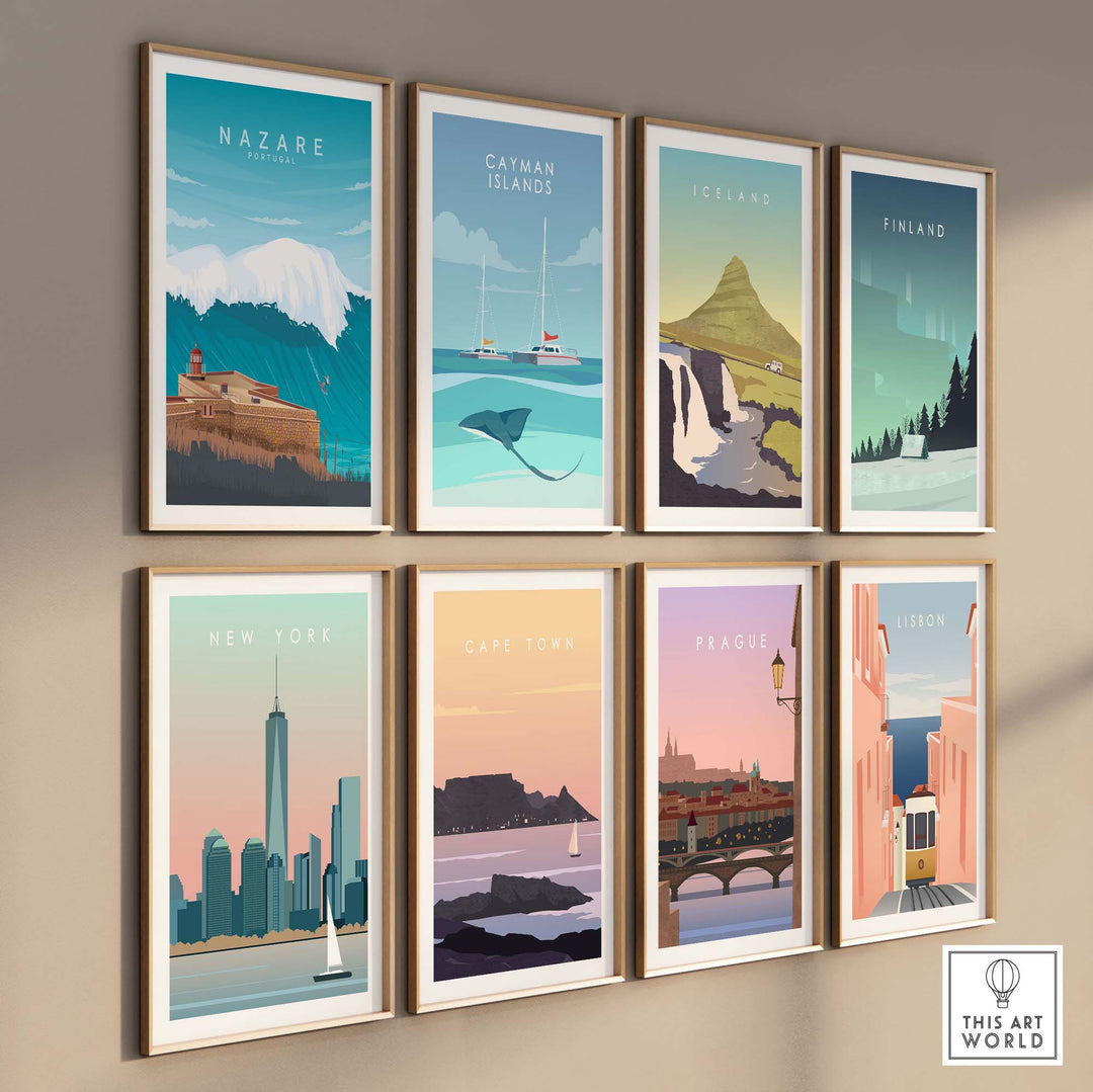 Nazare travel poster print among various artistic travel posters showcasing destinations like New York, Cape Town, and Prague.