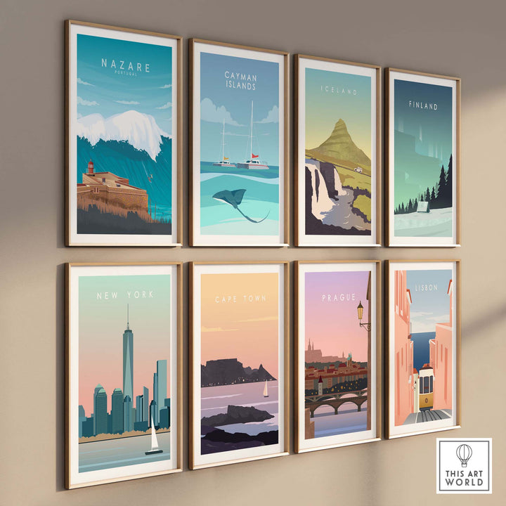 Nazare travel poster print among various artistic travel posters showcasing destinations like New York, Cape Town, and Prague.