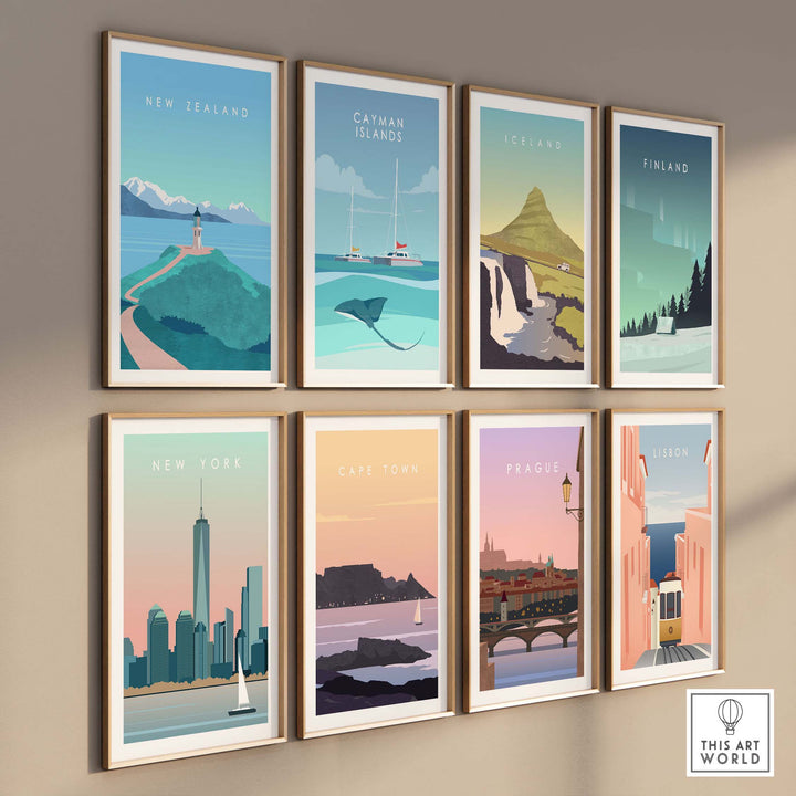 Gallery of vintage-inspired travel posters including New Zealand, Catman Islands, and more.