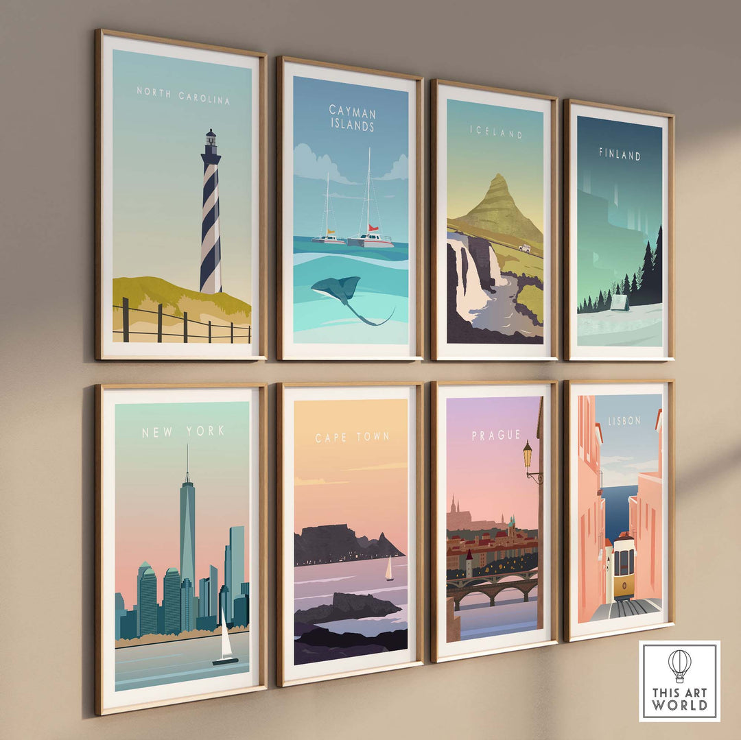 Collection of vintage-style travel poster prints featuring North Carolina, Catman Islands, Iceland, Finland, New York, Cape Town, Prague, and Lisbon.