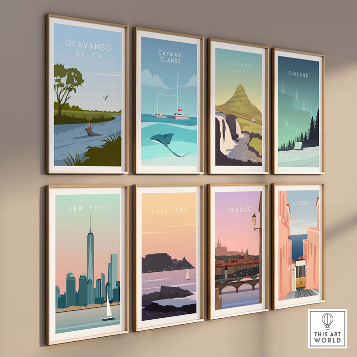 Framed travel poster prints including Okavango Botswana, New York, Cape Town, and more, showcasing vintage minimalist designs.