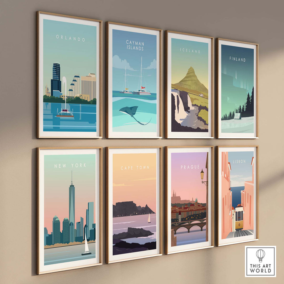 Collection of framed travel poster prints featuring Orlando, Catman Islands, Iceland, Finland, New York, Cape Town, Prague, and Lisbon.