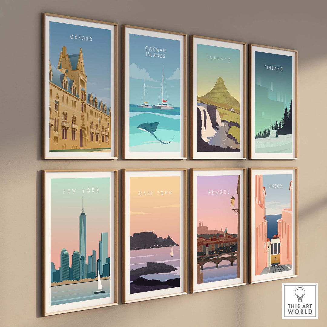Collection of vintage travel posters including Oxford, New York, and Cape Town on a gallery wall.