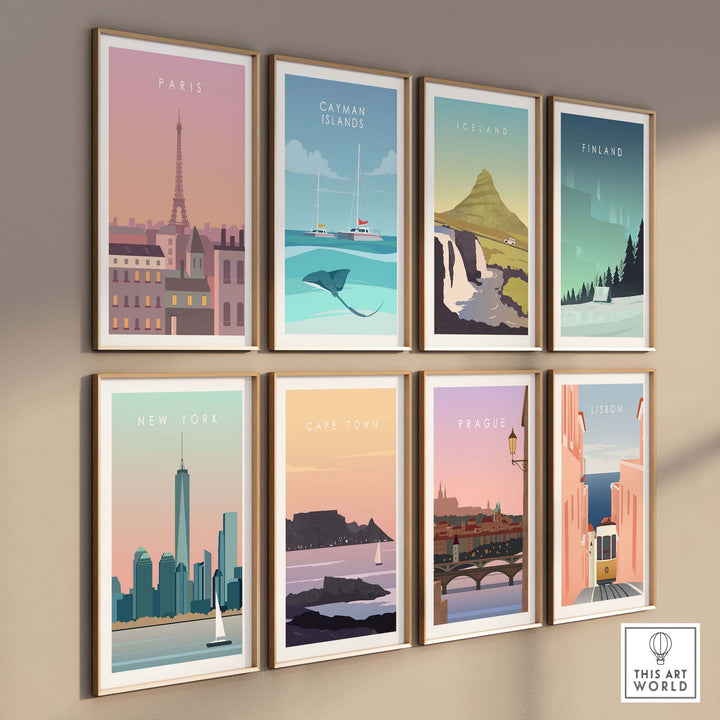Collection of vintage travel posters featuring Prague, New York, Paris, and more, beautifully framed on a wall.