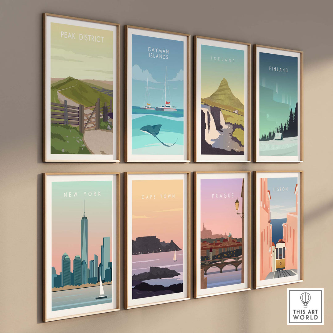 Colorful wall art display featuring vintage travel posters, including Peak District and other global destinations.
