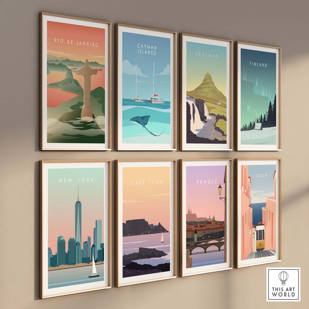 Collection of vintage travel posters including Rio de Janeiro, New York, Prague, and more, showcasing vibrant artwork.