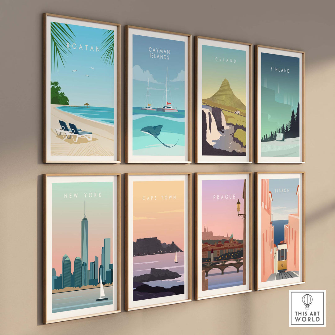 Colorful vintage travel posters including Roatan, New York, and Prague, showcasing wanderlust and stylish wall art.