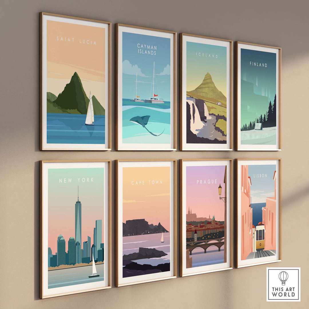 Collection of vintage-inspired travel wall art prints including Saint Lucia, New York, and Cape Town.
