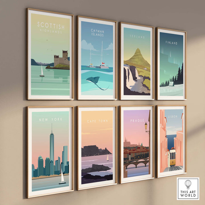Vintage travel poster collection featuring Scottish Highlands, Catman Islands, Iceland, Finland, New York, and more.