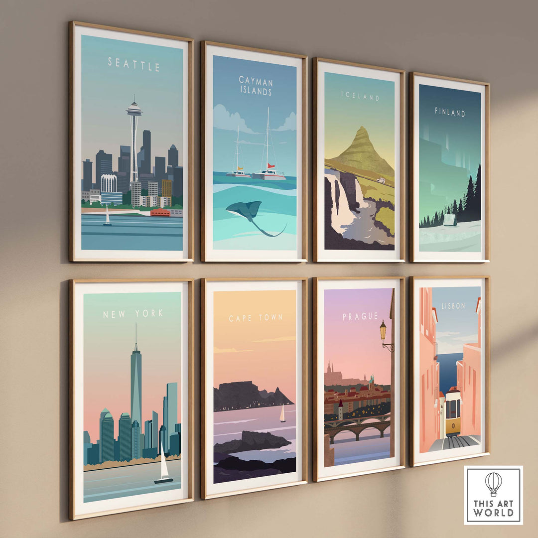 Collection of vintage travel posters including Seattle, New York, and Cape Town wall art prints, displayed in stylish frames.