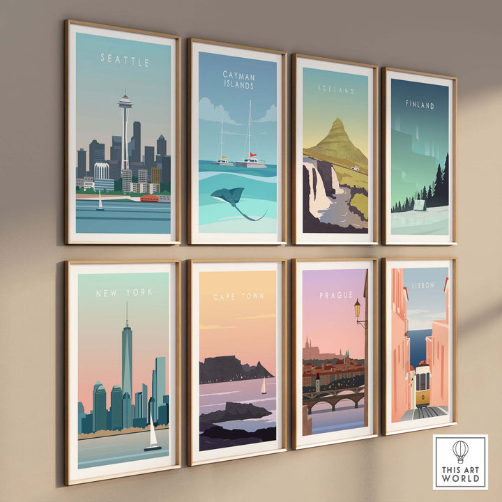 Collection of vintage travel posters including Seattle, New York, and Cape Town wall art prints, displayed in stylish frames.