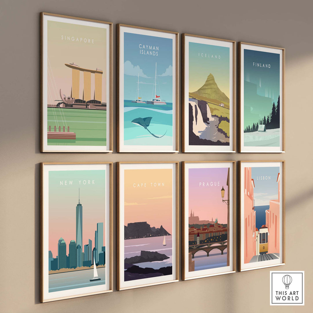 Collection of vintage travel poster prints including Singapore, New York, and other iconic destinations.