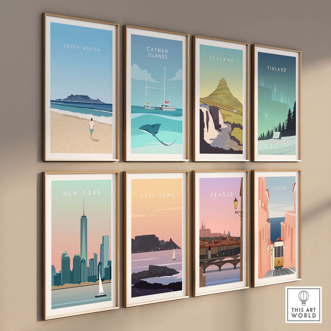 Gallery of vintage travel posters featuring South Africa, Catman Islands, Iceland, and more in a minimalist style.