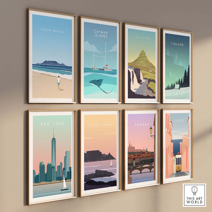 Gallery of vintage travel posters featuring South Africa, Catman Islands, Iceland, and more in a minimalist style.