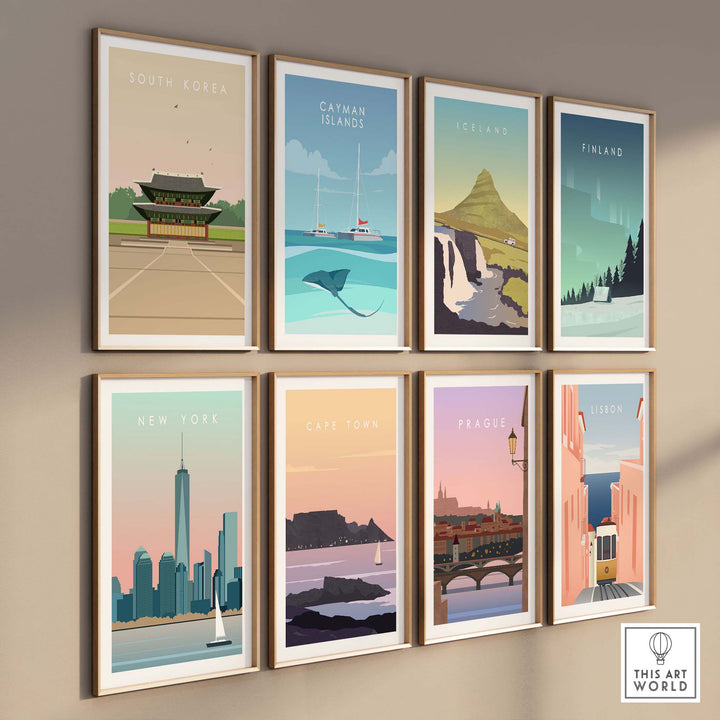 Gallery of vintage travel posters featuring South Korea and iconic destinations, perfect for stylish wall art.