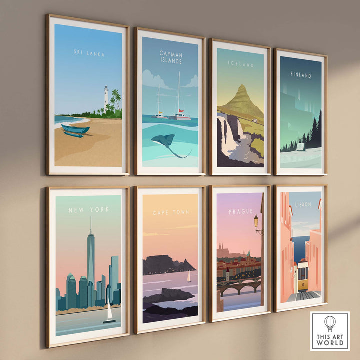 Collection of vintage-style travel posters featuring Sri Lanka, Catman Islands, Iceland, and more.